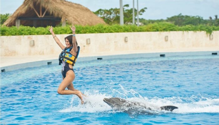 Memorable dolphin swim experience, with participants interacting closely with friendly dolphins in a controlled, shallow-water environment, enjoying the unique opportunity to swim, play, and bond with these intelligent marine animals