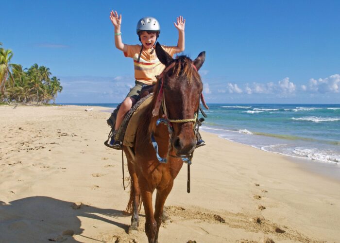 Scenic horse riding experience on the beach, with riders trotting along the shoreline, the gentle waves lapping at their feet, and the sun setting in the background, creating a tranquil and picturesque coastal adventure.