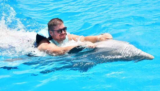 Memorable dolphin swim experience, with participants interacting closely with friendly dolphins in a controlled, shallow-water environment, enjoying the unique opportunity to swim, play, and bond with these intelligent marine animals