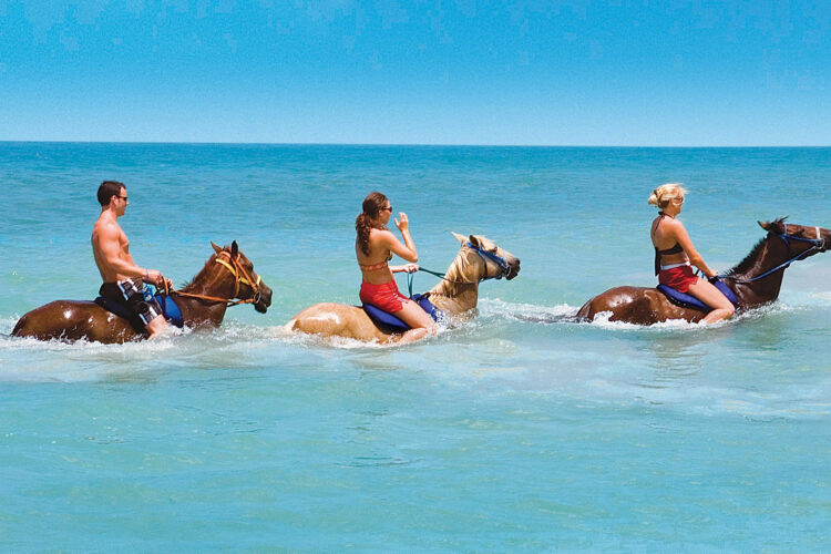 Scenic horse riding experience on the beach, with riders trotting along the shoreline, the gentle waves lapping at their feet, and the sun setting in the background, creating a tranquil and picturesque coastal adventure.