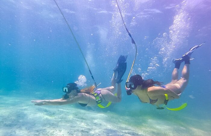 Exciting Hookah Dive Tour, featuring participants exploring underwater environments with hookah diving equipment, enjoying a guided experience of marine life and clear waters in a safe and immersive setting.