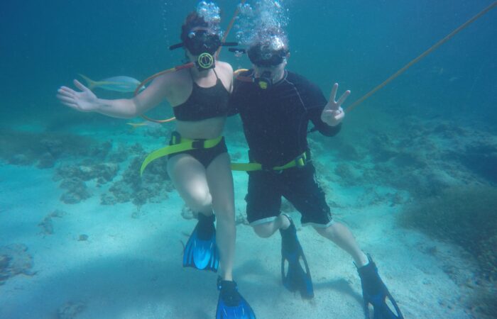 Exciting Hookah Dive Tour, featuring participants exploring underwater environments with hookah diving equipment, enjoying a guided experience of marine life and clear waters in a safe and immersive setting.