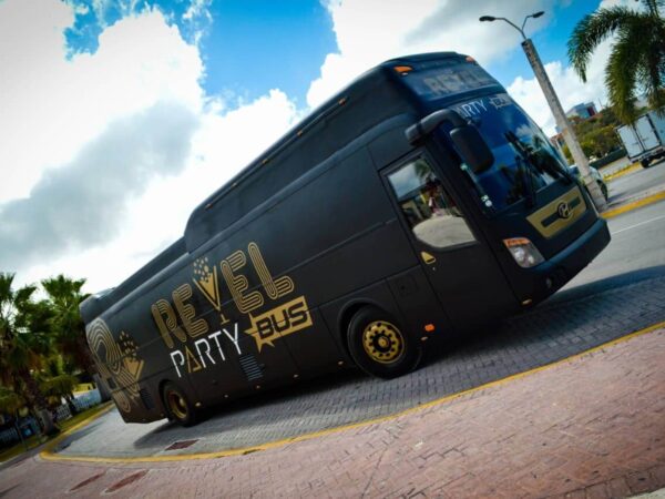 Fun-filled party bus interior, featuring vibrant lighting, comfortable seating, and music, with guests dancing and enjoying themselves while traveling to various destinations in a lively and festive atmosphere