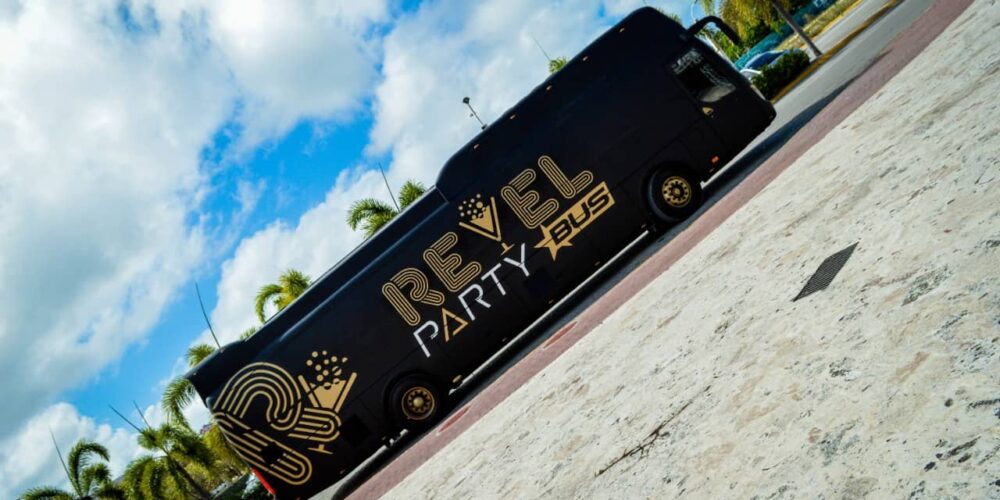 Fun-filled party bus interior, featuring vibrant lighting, comfortable seating, and music, with guests dancing and enjoying themselves while traveling to various destinations in a lively and festive atmosphere