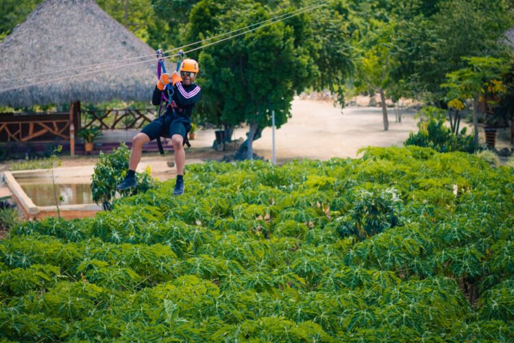 Exciting zipline adventure, with participants soaring through the treetops on secure zip lines, enjoying panoramic views and the thrill of gliding over lush landscapes