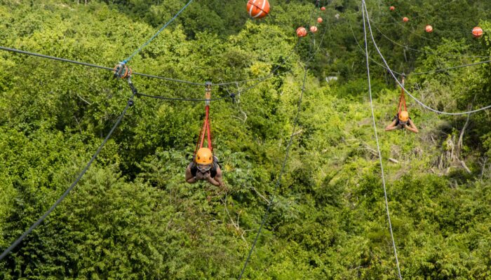 Adventure-filled Scape Park in Punta Cana, showcasing lush tropical landscapes, zip lines, underground caves, and natural cenotes for visitors to explore and enjoy