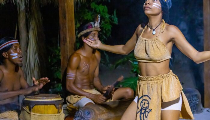 Vibrant Taíno Show performance, showcasing traditional dance, music, and colorful costumes that celebrate the culture and history of the indigenous Taíno people of the Caribbean.