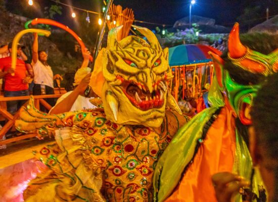 Colorful Carnival Show featuring lively dancers in extravagant costumes, vibrant masks, and rhythmic music, celebrating the festive spirit and cultural heritage of the Caribbean.