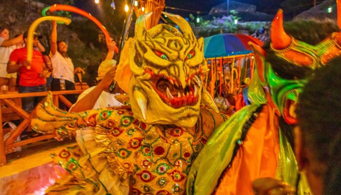 Colorful Carnival Show featuring lively dancers in extravagant costumes, vibrant masks, and rhythmic music, celebrating the festive spirit and cultural heritage of the Caribbean.