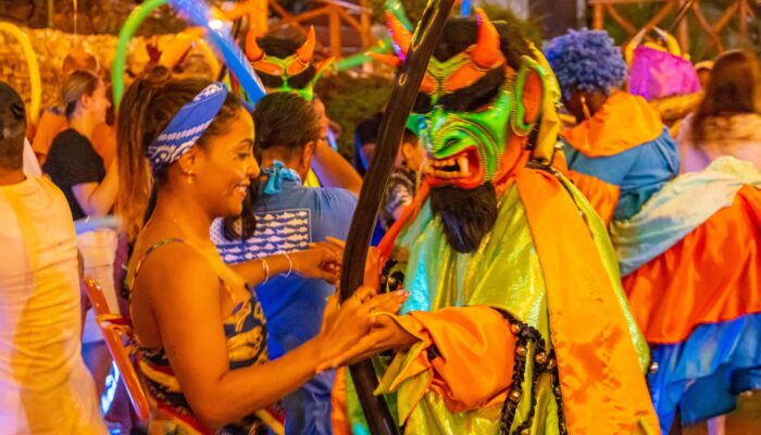 Colorful Carnival Show featuring lively dancers in extravagant costumes, vibrant masks, and rhythmic music, celebrating the festive spirit and cultural heritage of the Caribbean.